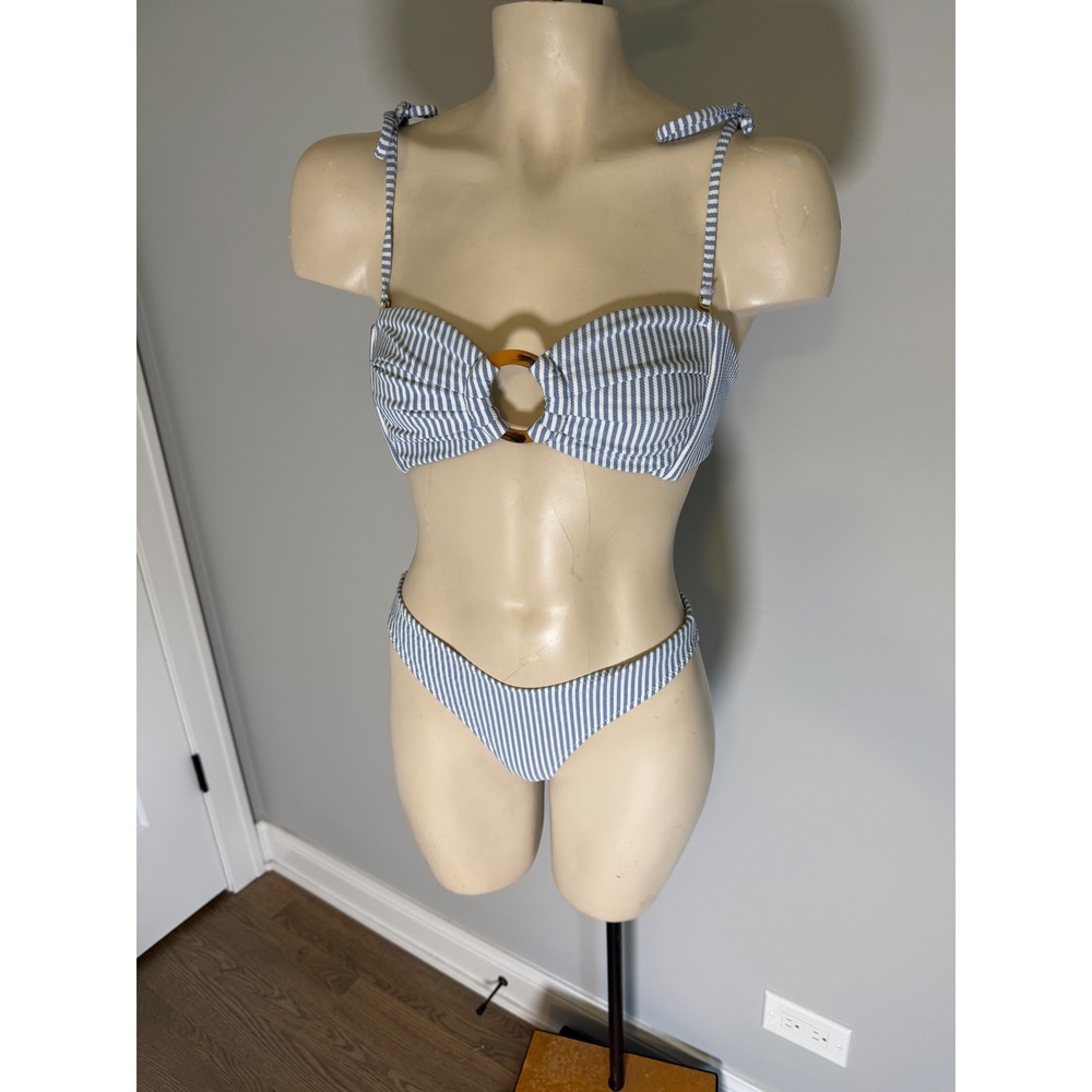 Montce Swim Blue White Pinstripe Bikini Set Ring Top Ruched Bottom Small